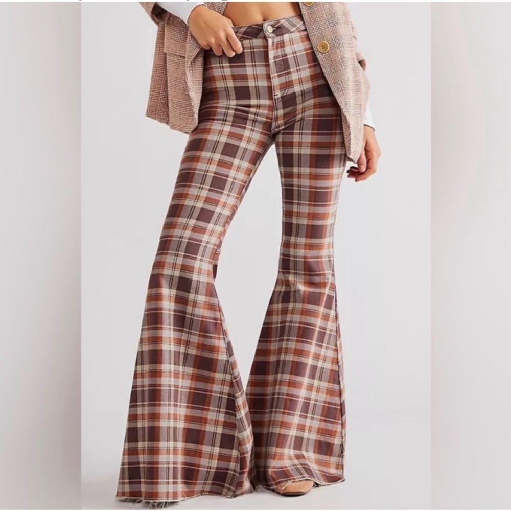 FREE PEOPLE WOMEN JUST FLOAT ON FLARE JEANS PLAID brown SZ 28 Y2k retro western